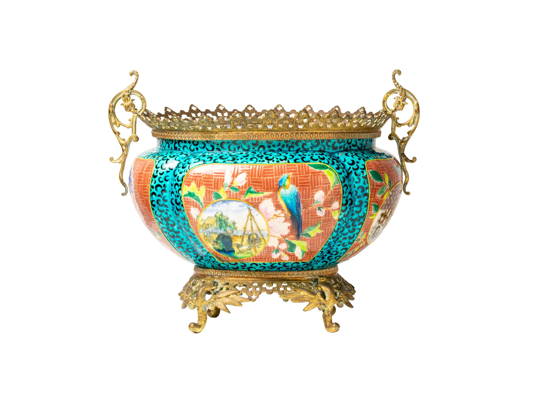 An impressive and very rare 19th century French 'Japonisme' brass mounted turquoise fine earthenware jardinière by French ceramic artist Jules Vieillard & Co, dated between 1880-1895 when the ceramic company's favourite designs and techniques were
