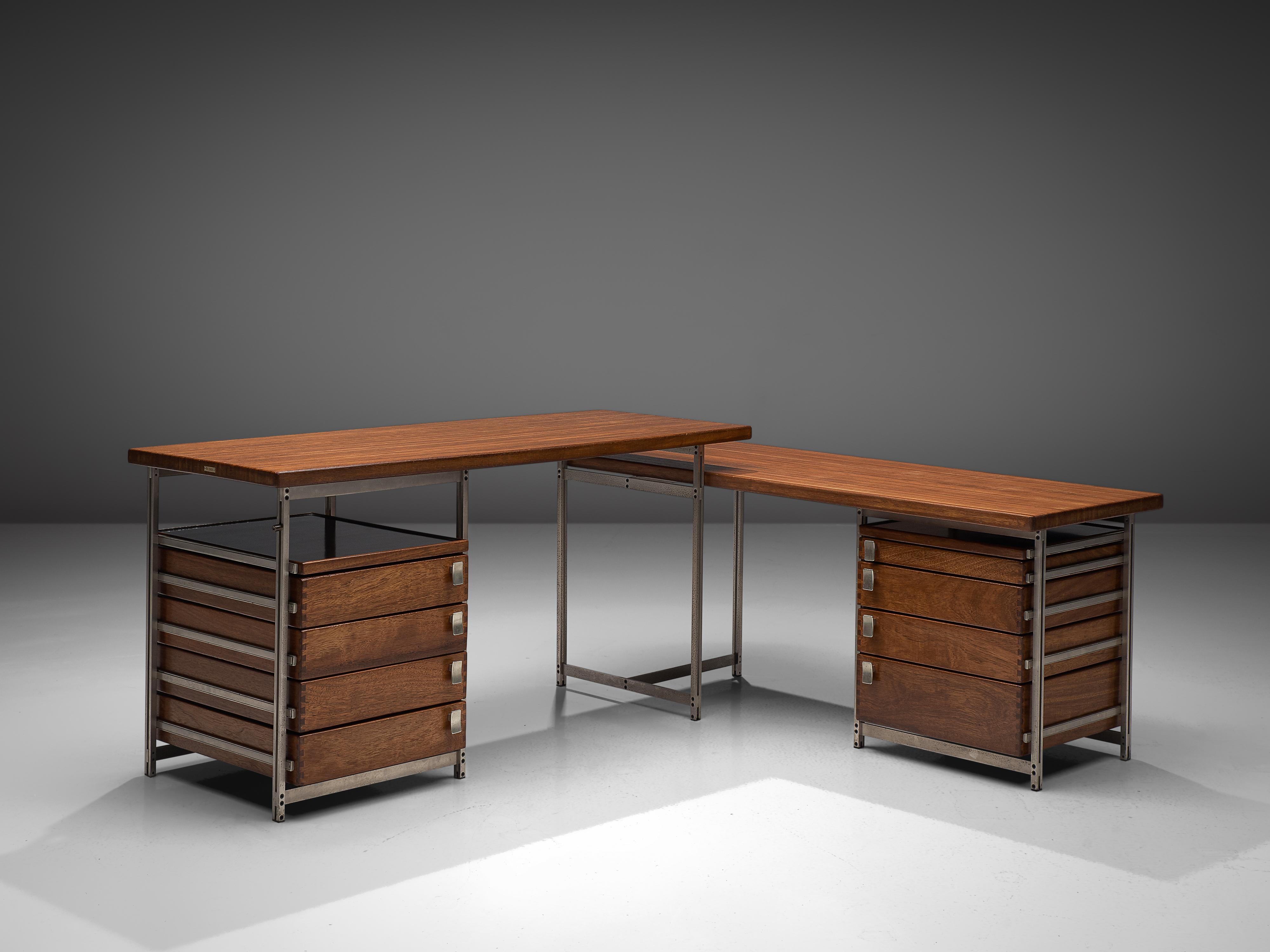 Jules Wabbes, corner writing desk, mutenyé, nickel-plated metal, aluminum, Belgium, 1957

Beautifully designed desk by one of Belgium's most renowned designers Jules Wabbes. This piece is made for the Foncolin building, one of Wabbes first large