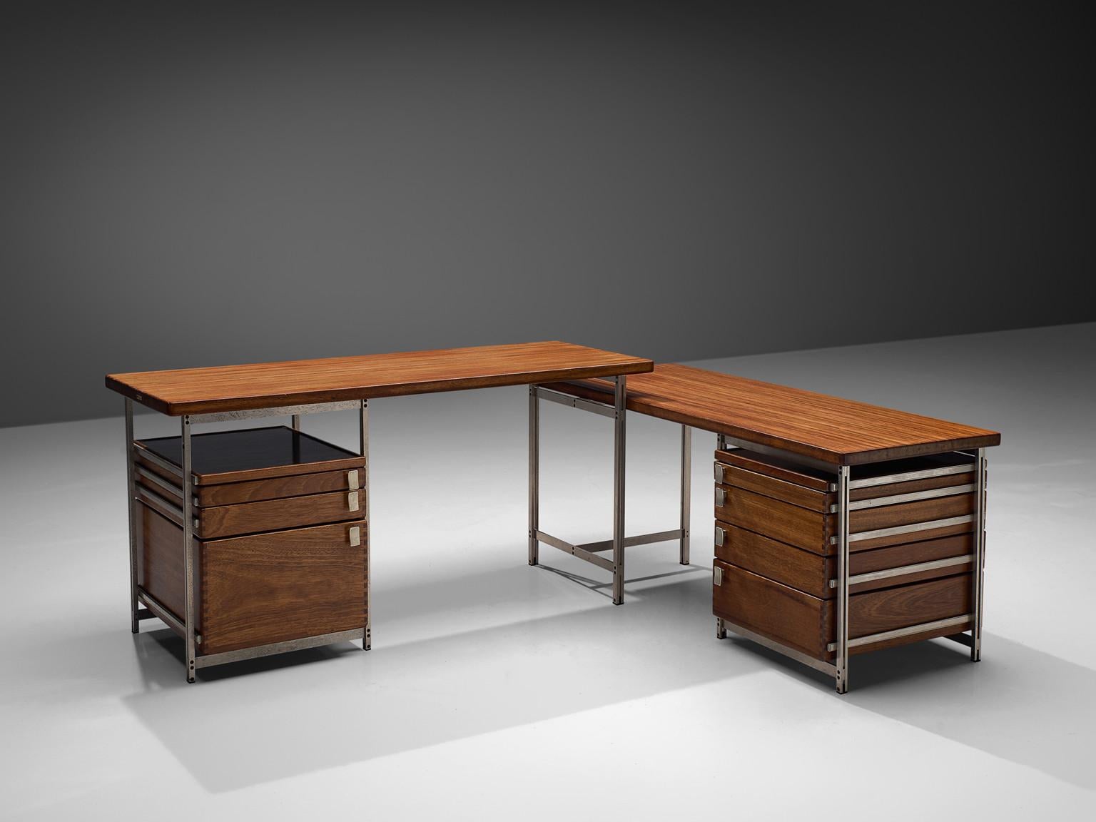 Jules Wabbes, corner writing desk, mutenyé, nickel-plated metal, aluminum, Belgium, 1957

Beautifully designed desk by one of Belgium's most renowned designers Jules Wabbes. This piece is made for the Foncolin building, one of Wabbes first large