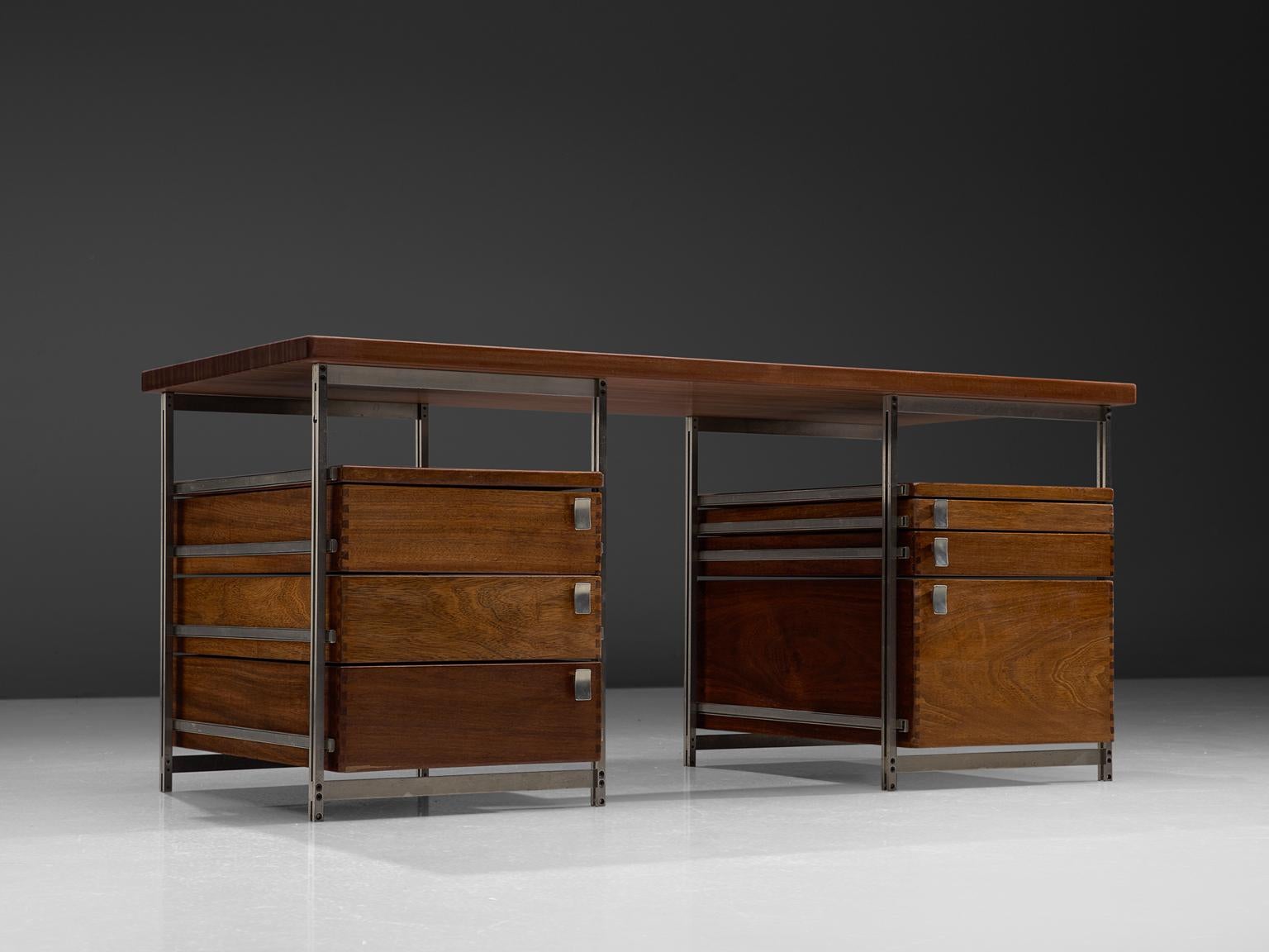 Jules Wabbes, writing desk from the Foncolin building, mutenyé and nickel-plated metal, Belgium, 1957.

Beautiful designed desk by one of Belgium's most renowned designers Jules Wabbes. This piece is made for the Foncolin building, one of Wabbes