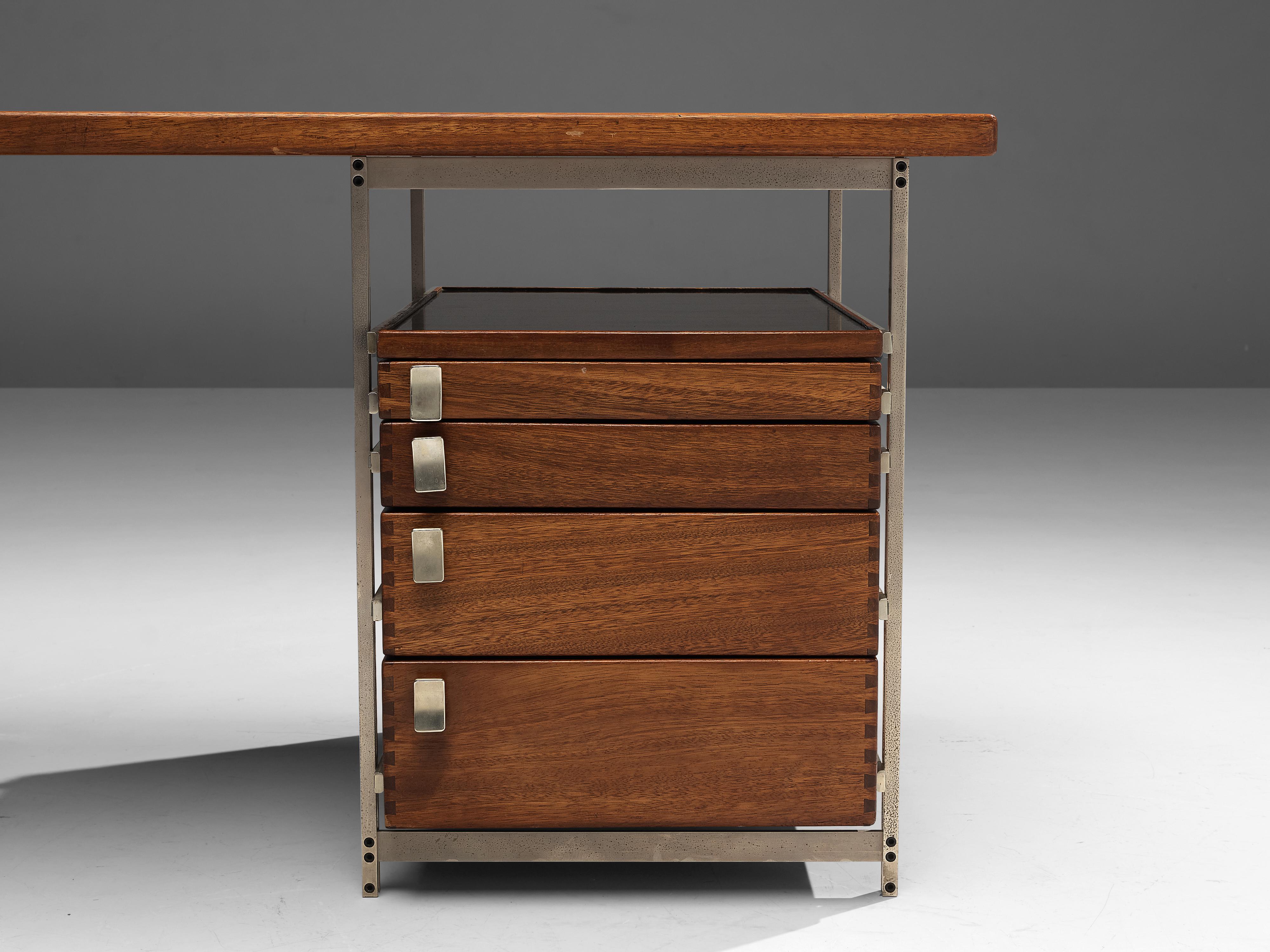 Mid-Century Modern Sturdy Jules Wabbes Desk with Drawers in Mutenyé and Metal