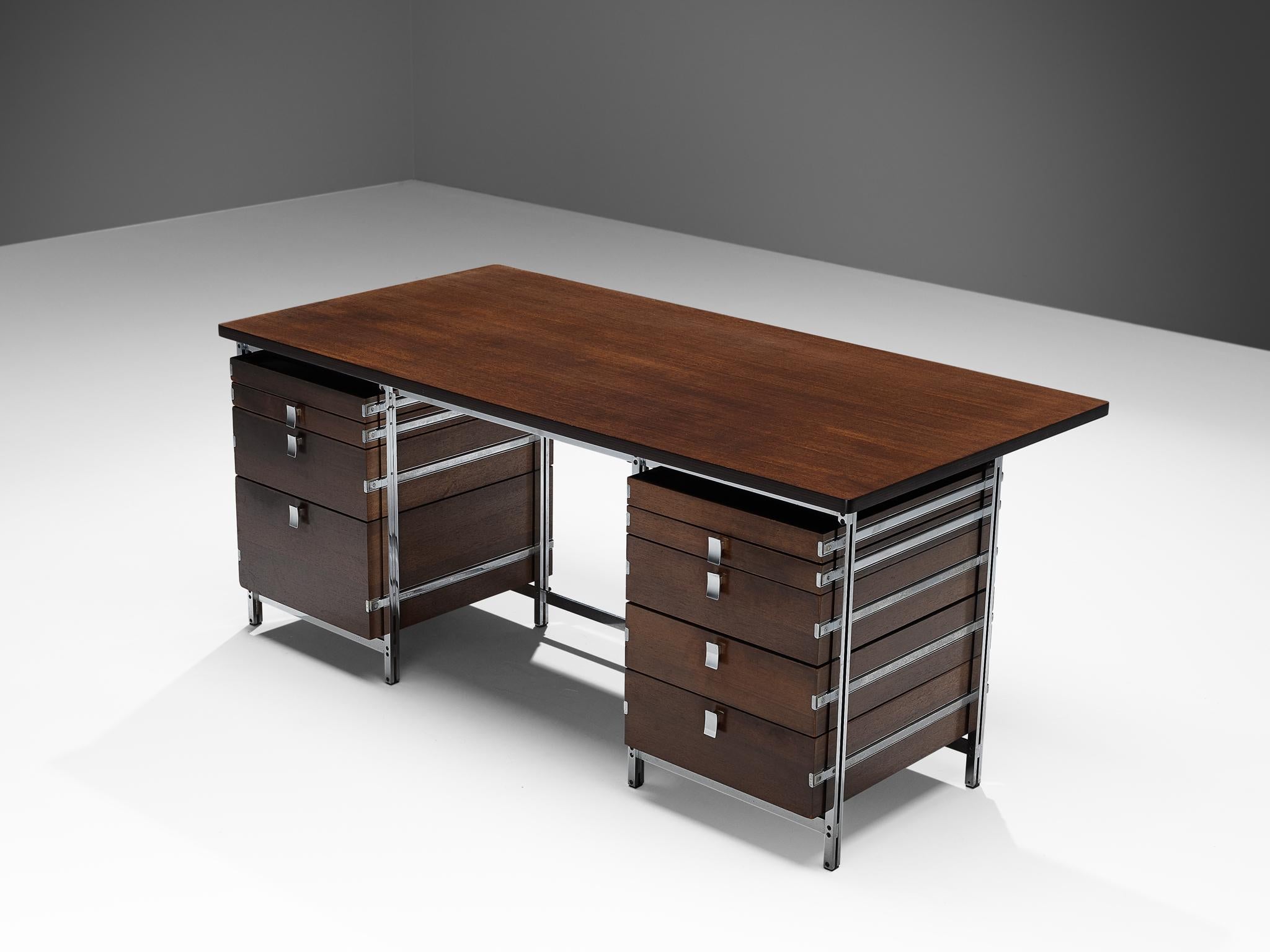 Jules Wabbes for Mobilier Universel, executive desk, mutenyé, chromed steel, Belgium, 1960s

A superb example of an early executive desk in mutenyé from the 1960s designed by master designer Jules Wabbes for Mobilier Universel. A clearly