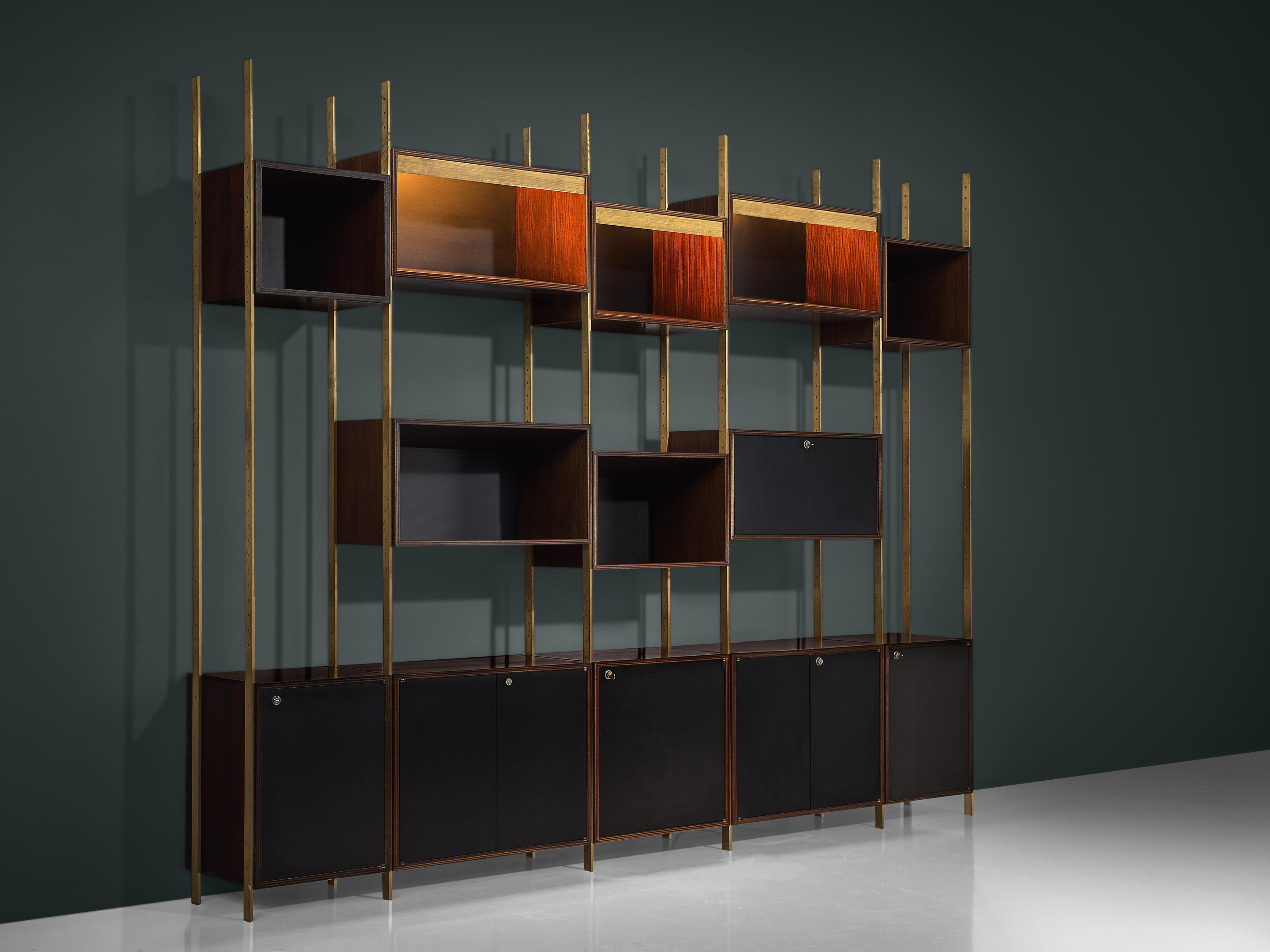 Mid-Century Modern Jules Wabbes Illuminated Bookcase in Rosewood and Brass