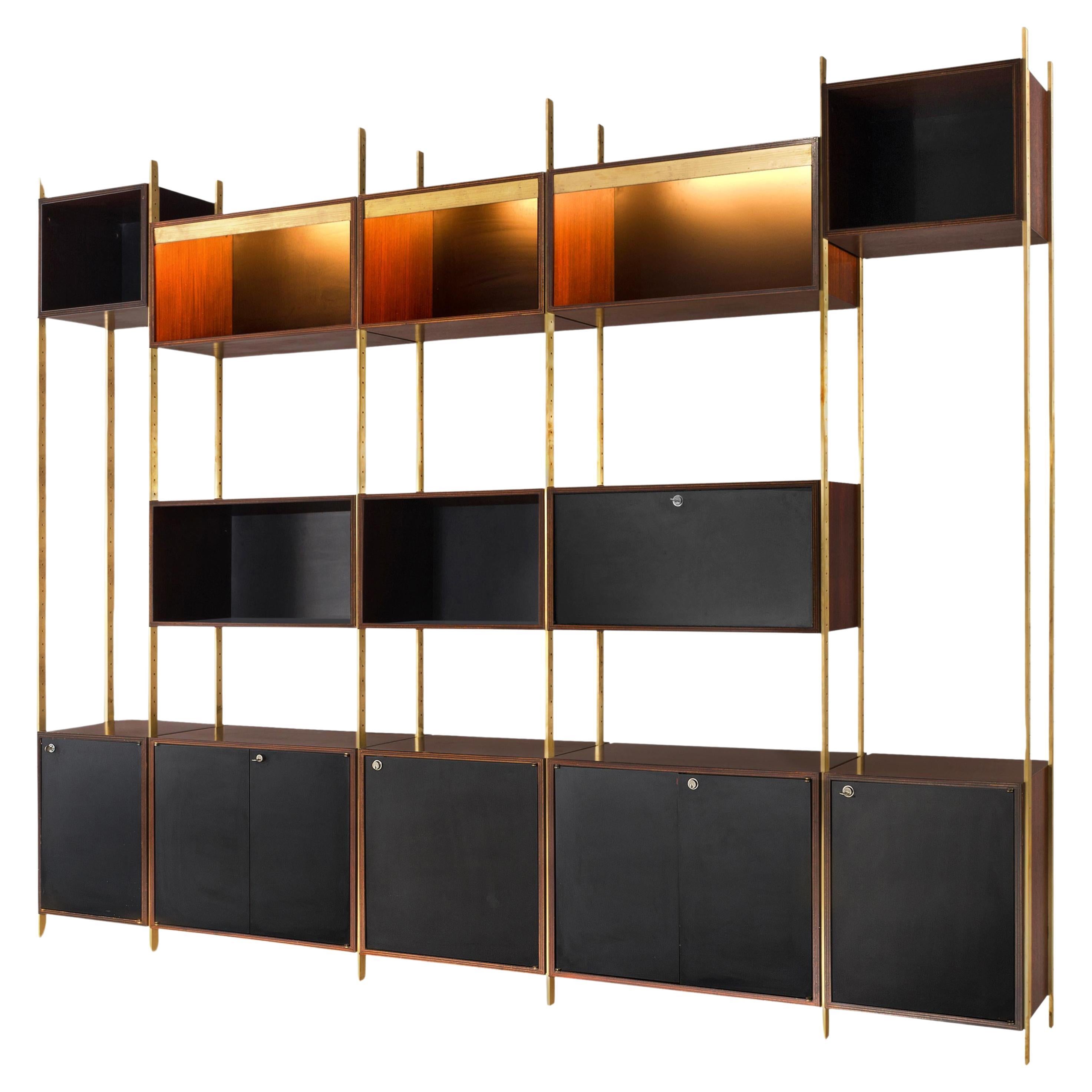 Jules Wabbes Illuminated Library in Wood and Brass  For Sale