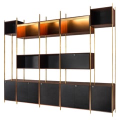 Retro Jules Wabbes Illuminated Library in Wood and Brass 
