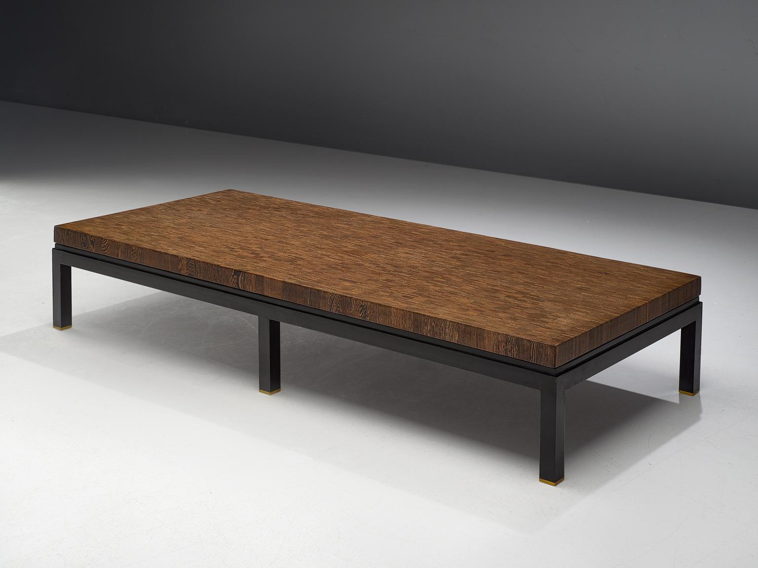 Jules Wabbes, extra large coffee table, wenge, steel, brass, Belgium, circa 1970. 

Well designed and custom made low rectangular table with end grain wooden top in wenge. The length of this particular table is truly exceptional and unique. The