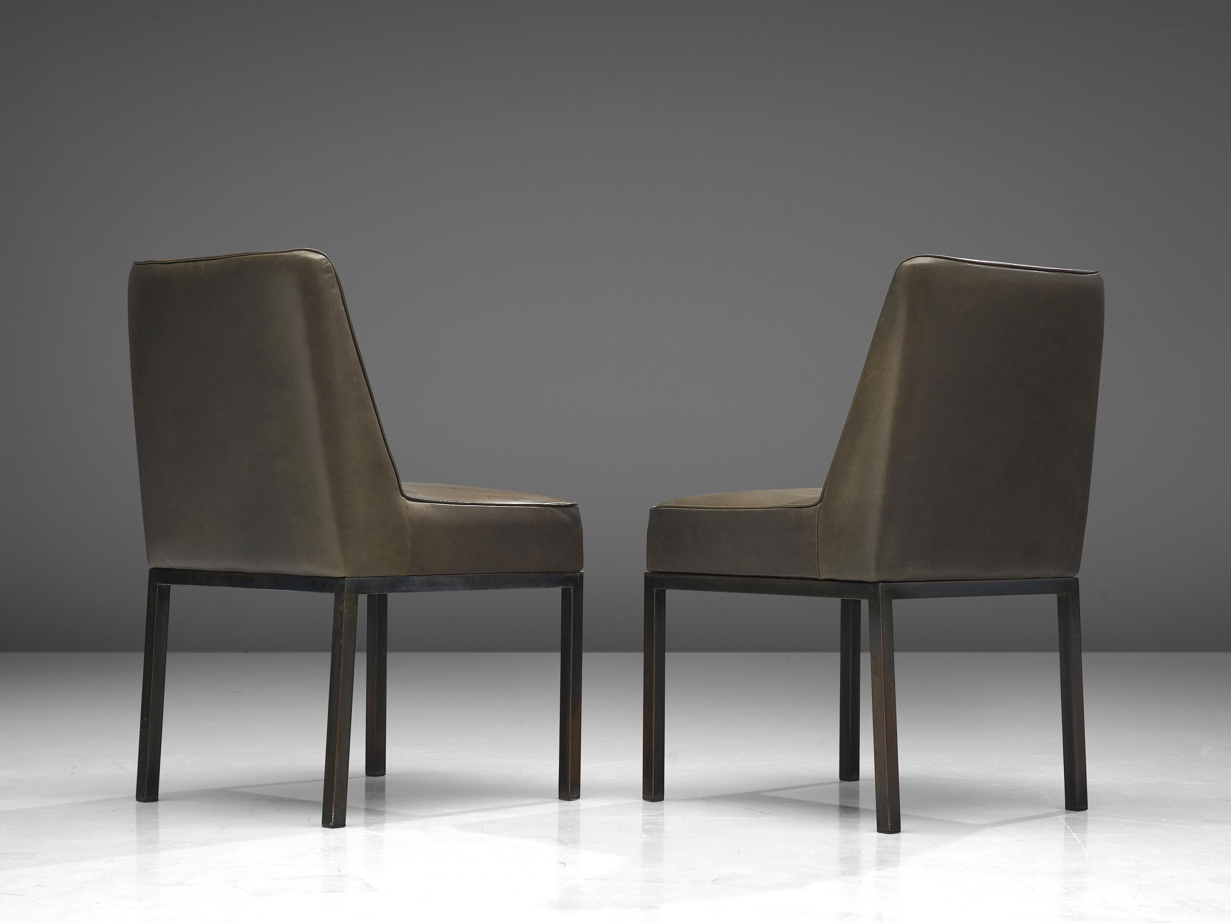 Mid-Century Modern Jules Wabbes Pair of Reupholstered ‘Louise’ Dining Chairs in Olive Green Leather
