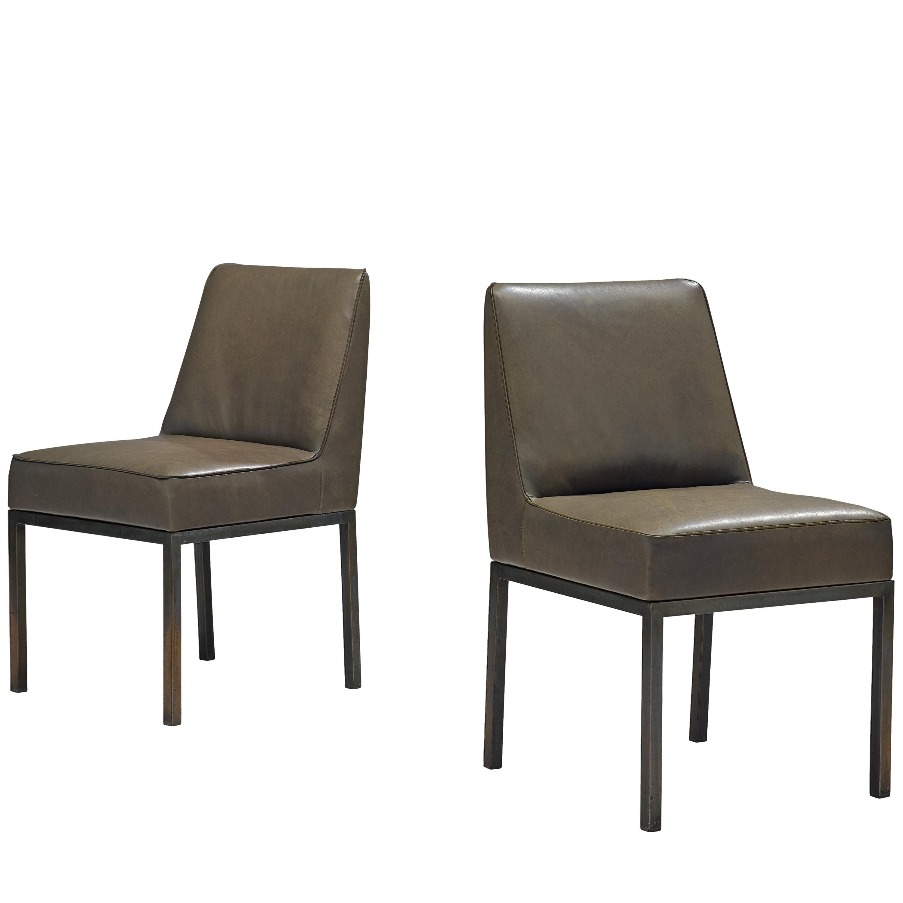 Jules Wabbes Pair of Reupholstered ‘Louise’ Dining Chairs in Olive Green Leather