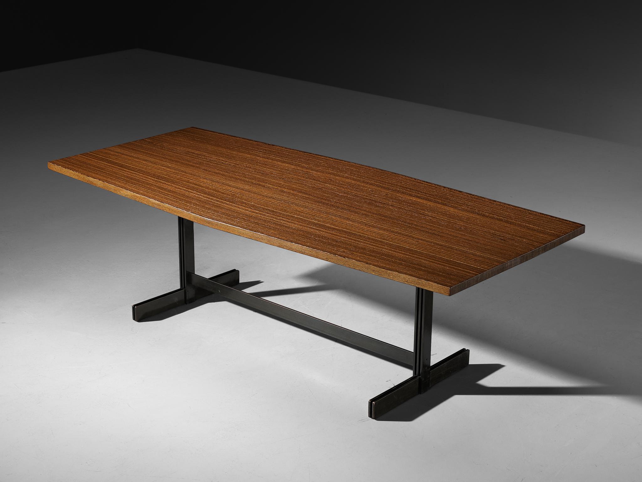Table de salle à manger ou de conférence 'Tonneau' de Jules Wabbes en wengé massif et métal Bon état - En vente à Waalwijk, NL