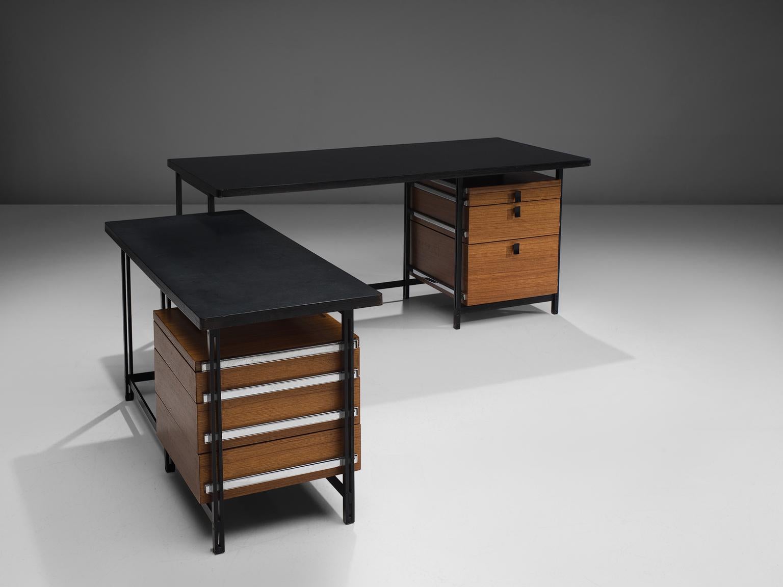 Jules Wabbes, two-part corner writing desk, teak, black metal, chrome, Belgium, 1960s

This free-standing corner desk is designed by Jules Wabbes in the 1960s. It consists out of two tables, each with a chest of drawers, in different heights. Due to