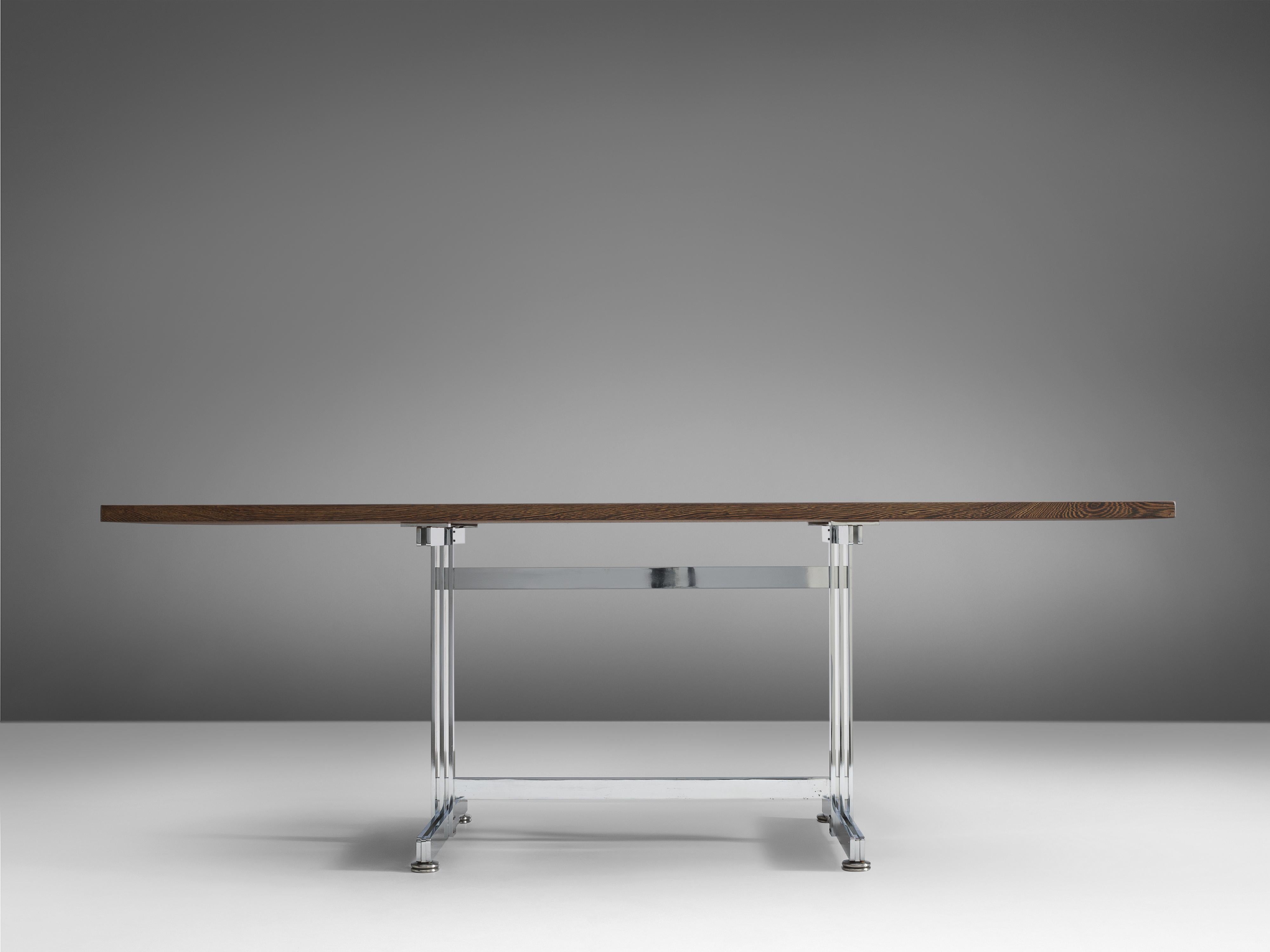 Belgian Jules Wabbes 'Tonneau' Writing or Dining Table in Solid Wengé and Steel
