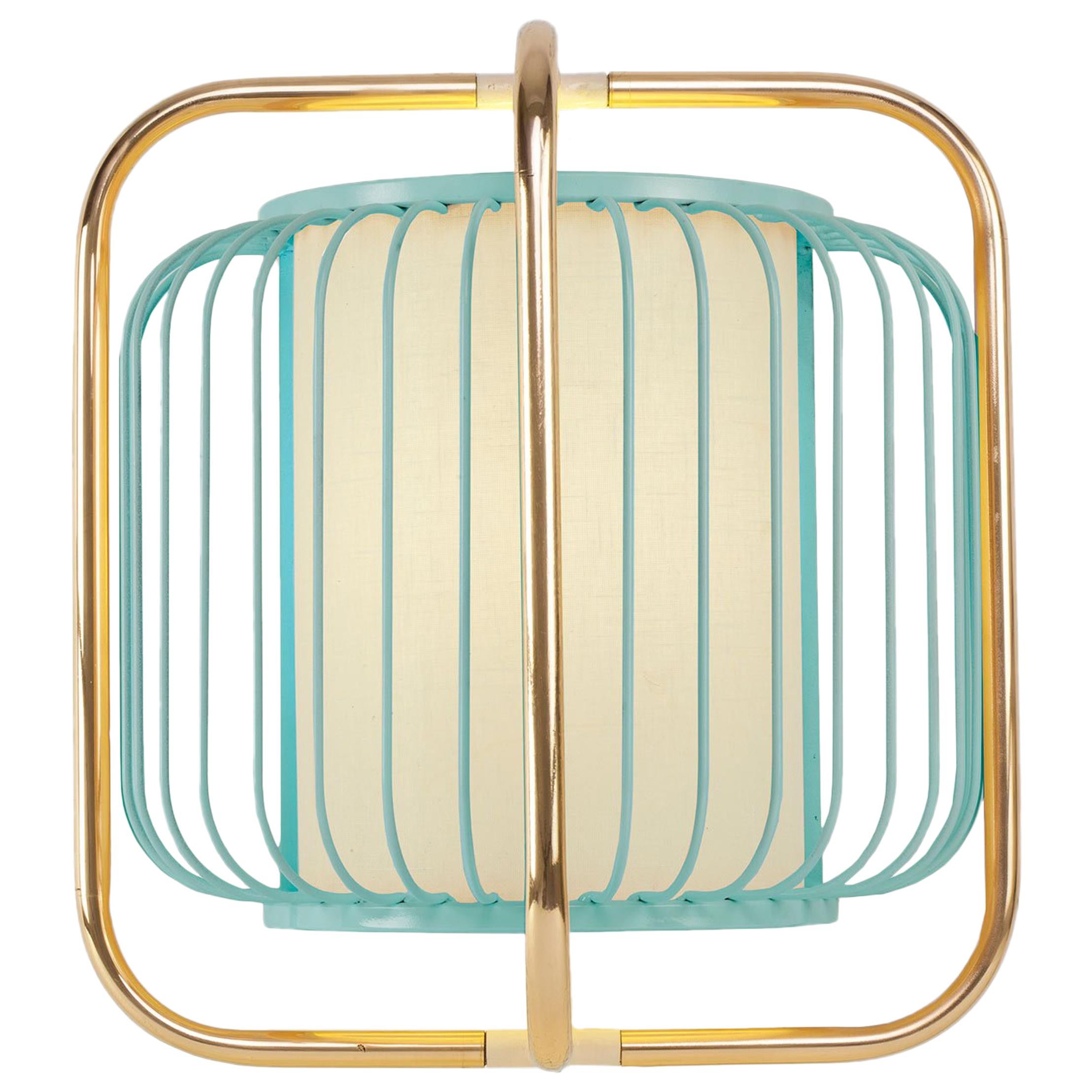 Contemporary Art Deco inspired Jules Wall Sconce in Jade Blue, Brass and Linen For Sale