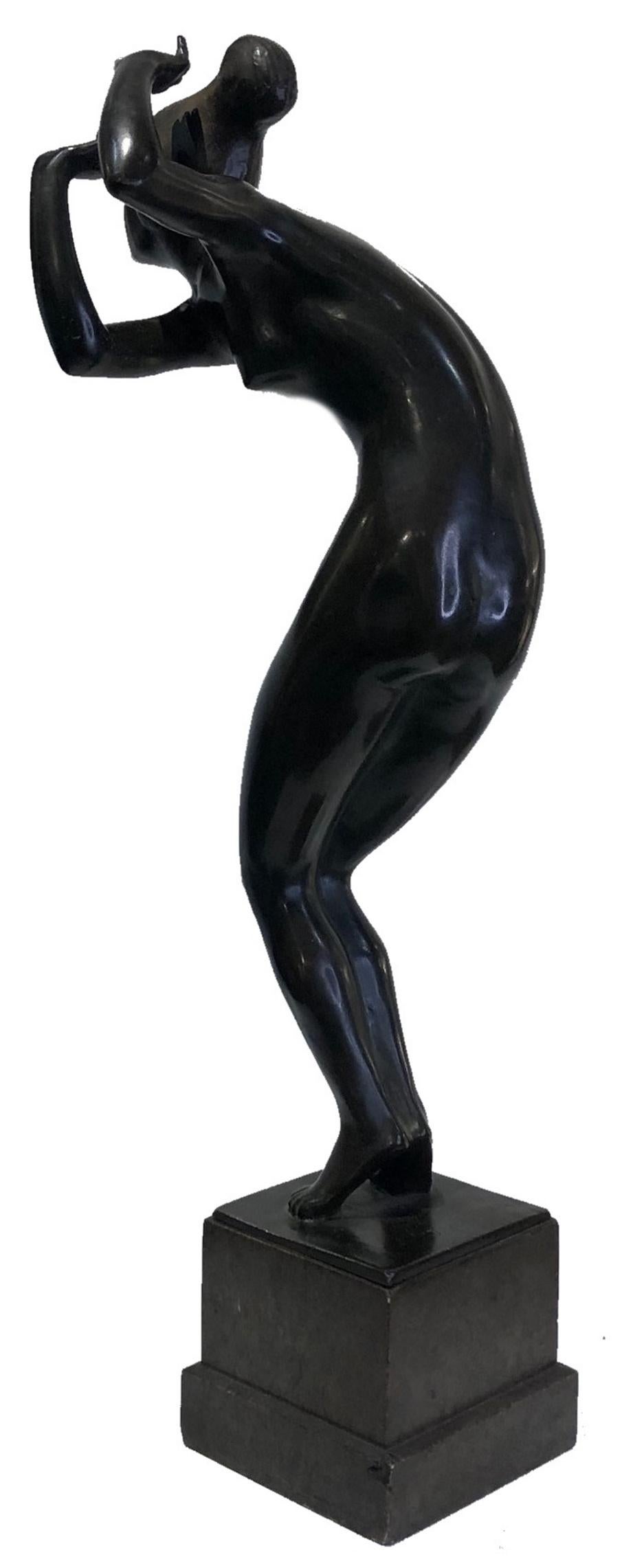 Belgian Art Deco 
Jules Werson
Nude Female Dancer 
Patinated Bronze Sculpture
Circa 1920 

DIMENSIONS
Height: 18 inches            Width: 7 inches            Depth: 3.75 inches

ABOUT
This sculpture in the “nu” genre, so popular in the Art Deco era,