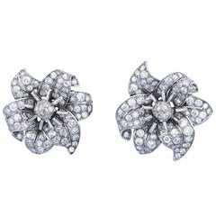 Jul.Hügler Art Deco Diamond Platinum Flower Ear Clips Earrings