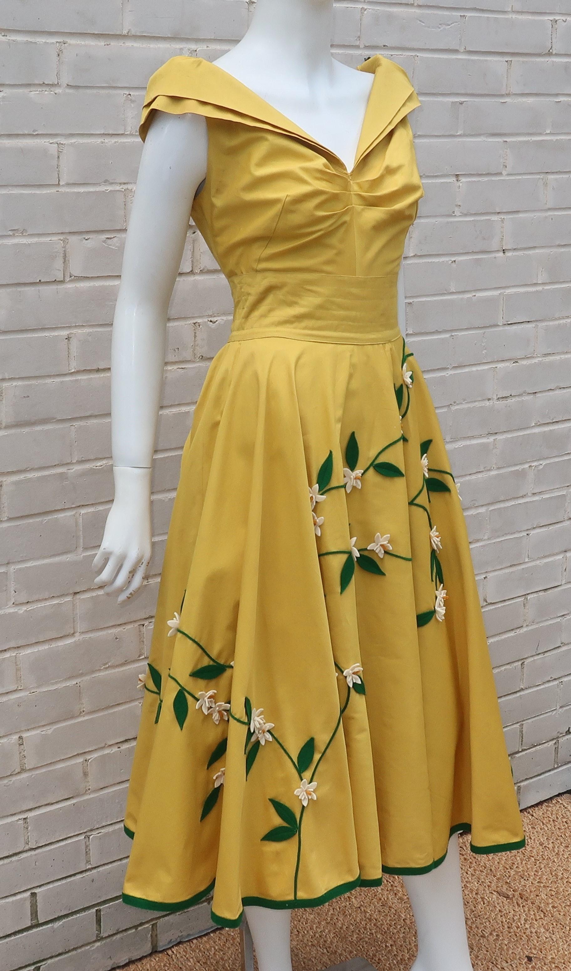 Orange Juli Lynne Charlot Circle Skirt Dress With Felt Flowers, C.1950