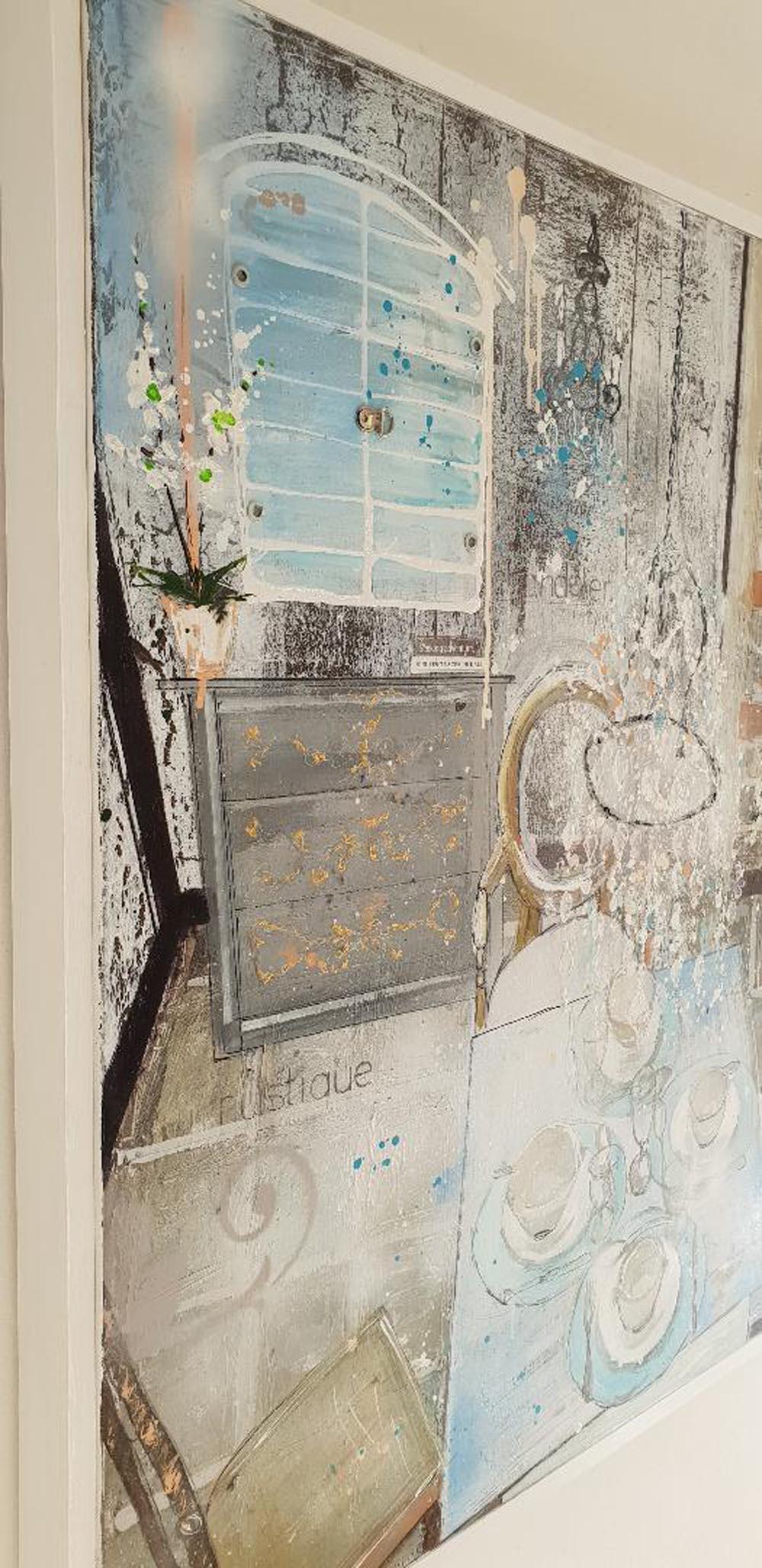 A Touch of France by Julia Adams is a blue and silver mixed media interior space painting.
Medium - mixed media and acrylic
Size - 80x80cms deep edge canvas framed in a white frame 1.5cms depth
Painting from Julia's contemporary series 'Interior