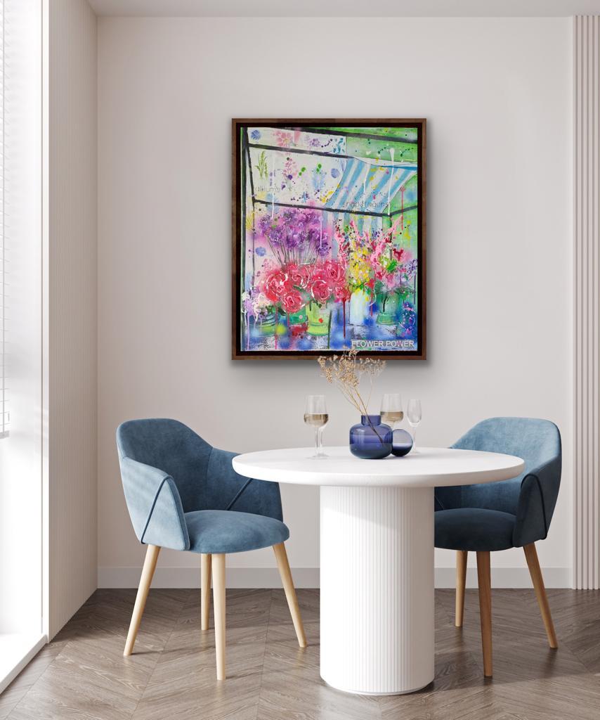 Flower Market, Mixed Media Art, Contemporary Floral Art, Urban Art, Bright Art - Painting by Julia Adams