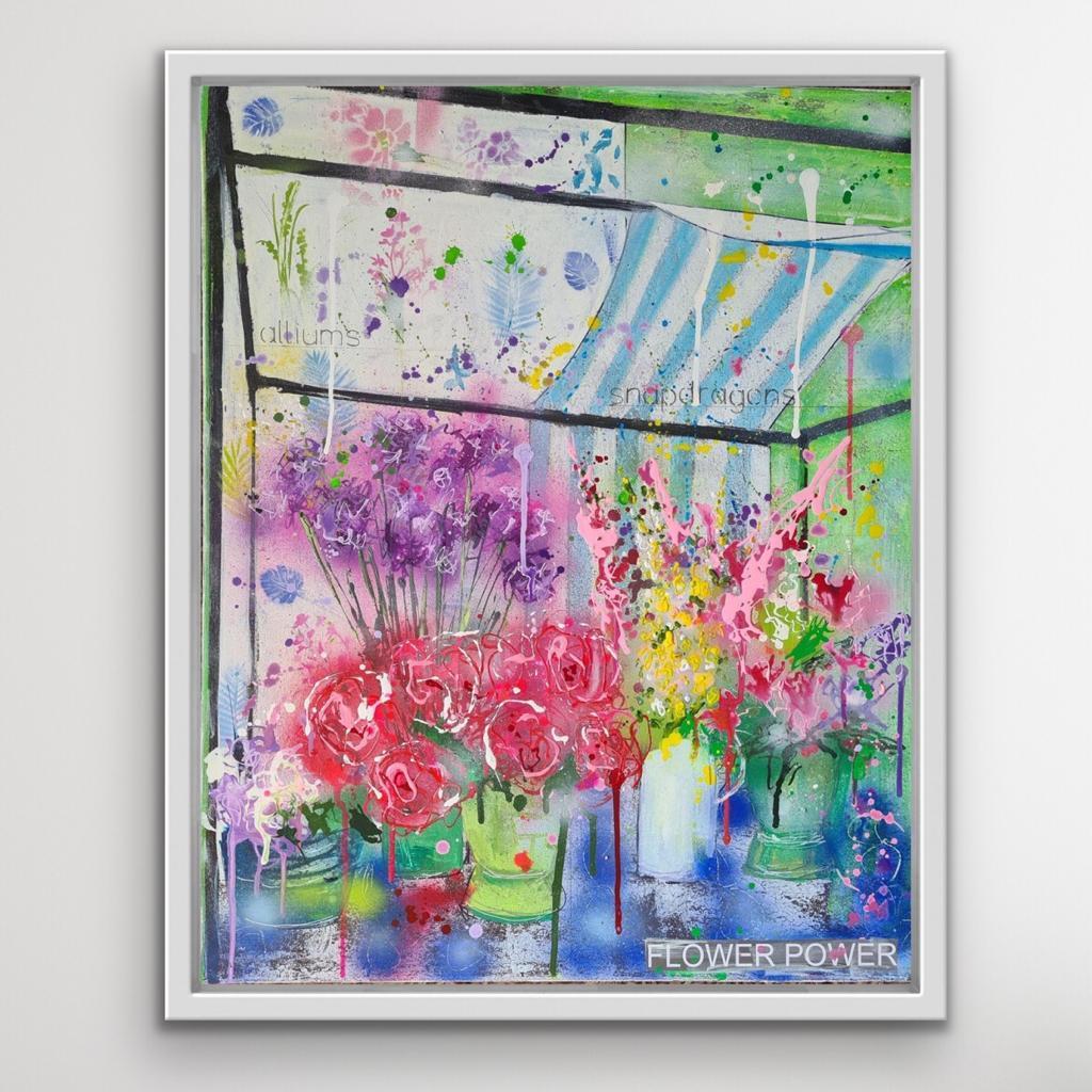 Flower Market, Mixed Media Art, Contemporary Floral Art, Urban Art, Bright Art - Gray Still-Life Painting by Julia Adams