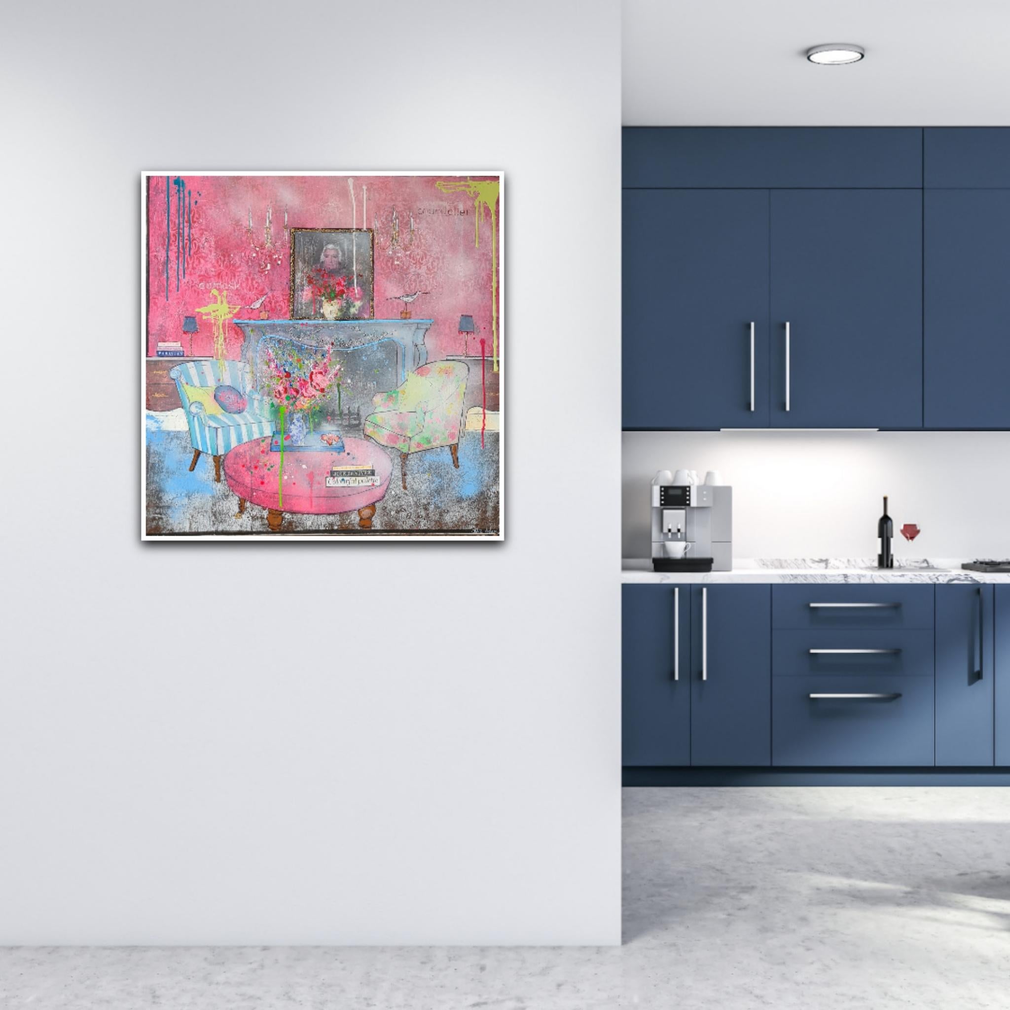 Joie de Vivre von Julia Adams ist ein 90 x 90 cm großes, quadratisches Interieur-Gemälde auf einer 25-mm-Leinwand mit tiefen Rändern aus ihrer Serie Interior Spaces. Die Farben, die sie verwendet hat, sind leuchtende Rosa-, Blau- und Grüntöne, die