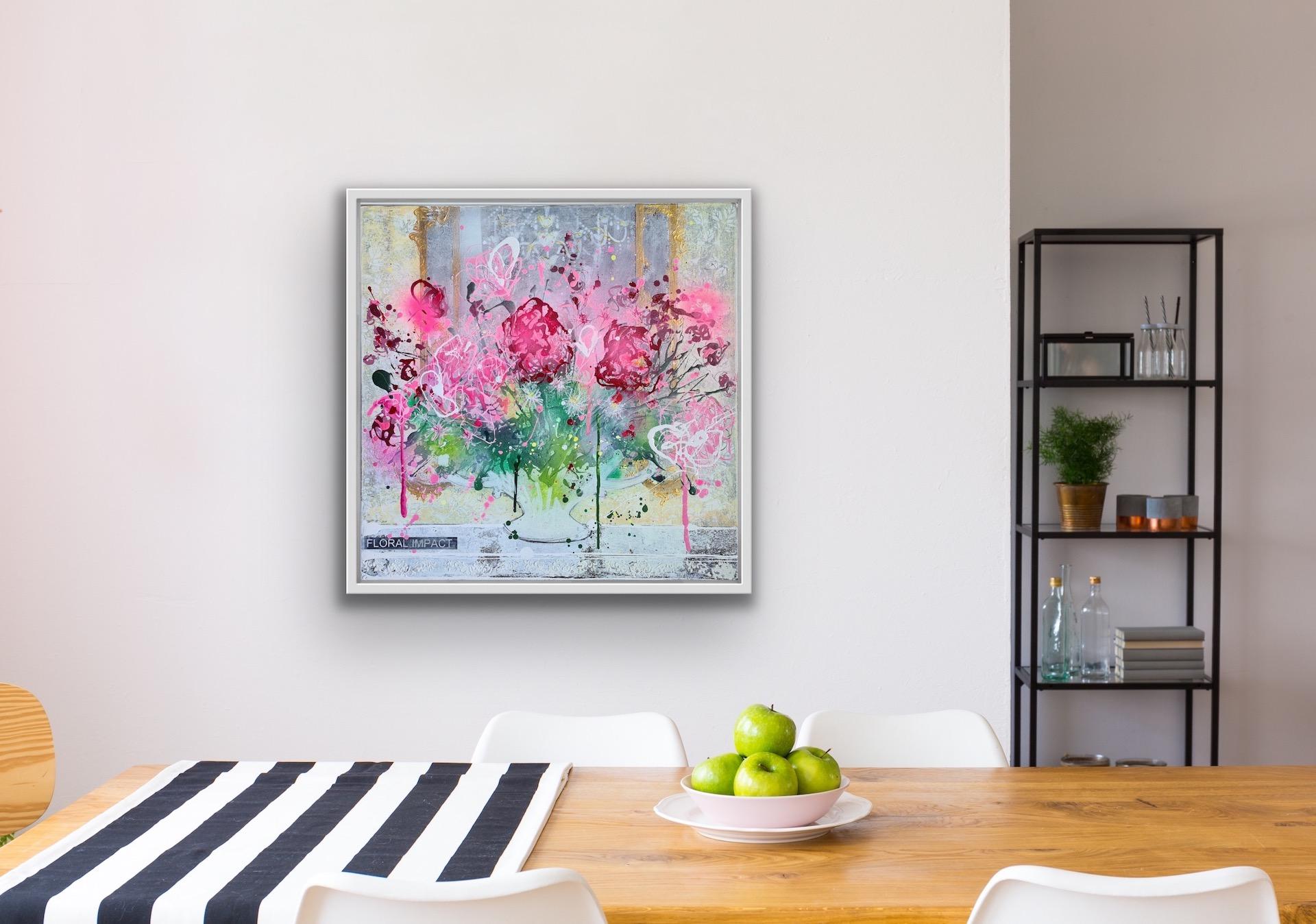 Julia Adams
Floral Impact
Original Still Life Painting
Mixed Media with Acrylic Inks on Canvas
Canvas Size: H 60cm x W 60cm x D 3.5cm
Sold framed
Finished in a painted white wood frame 1.5cm.

I use a variety of mixed media to produce my work –