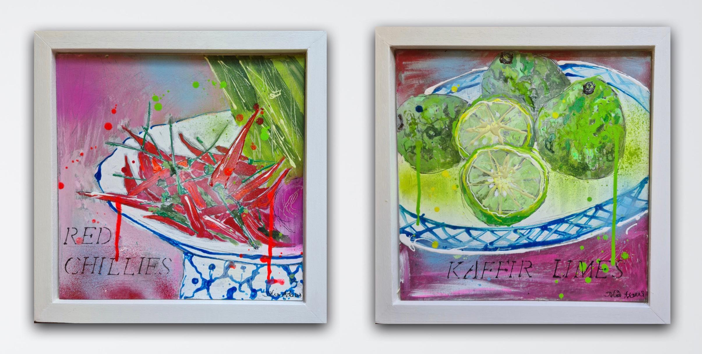 Julia Adams Still-Life Painting - Kaffir Limes and Red Chillies