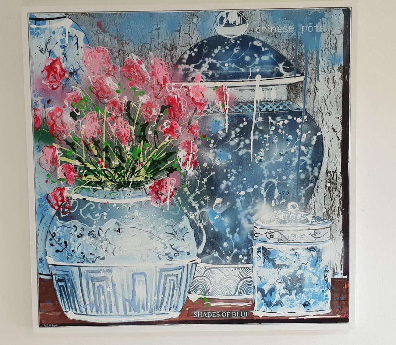 Shades of Blue and a vase of red flowers, still life painting - Painting by Julia Adams
