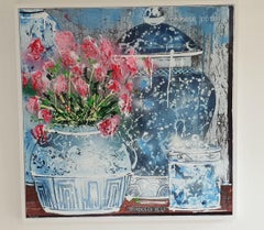 Shades of Blue and a vase of red flowers, still life painting