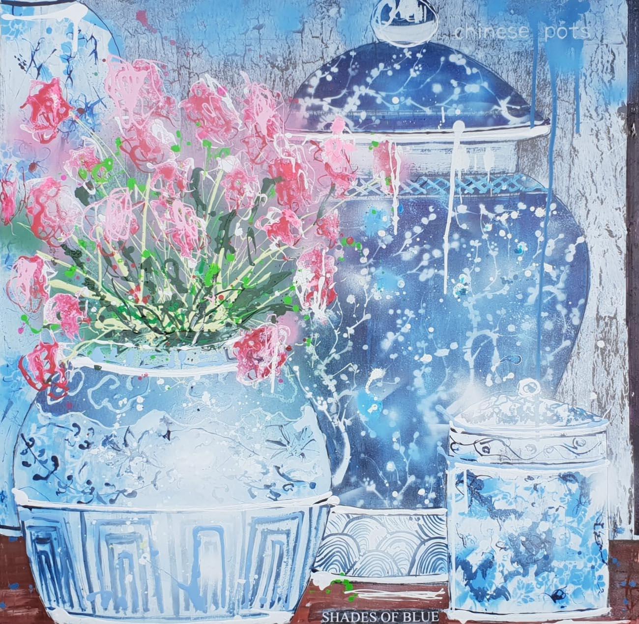 Julia Adams Interior Painting - Shades of Blue and a vase of red flowers, still life painting