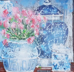 Shades of Blue and a vase of red flowers, still life painting