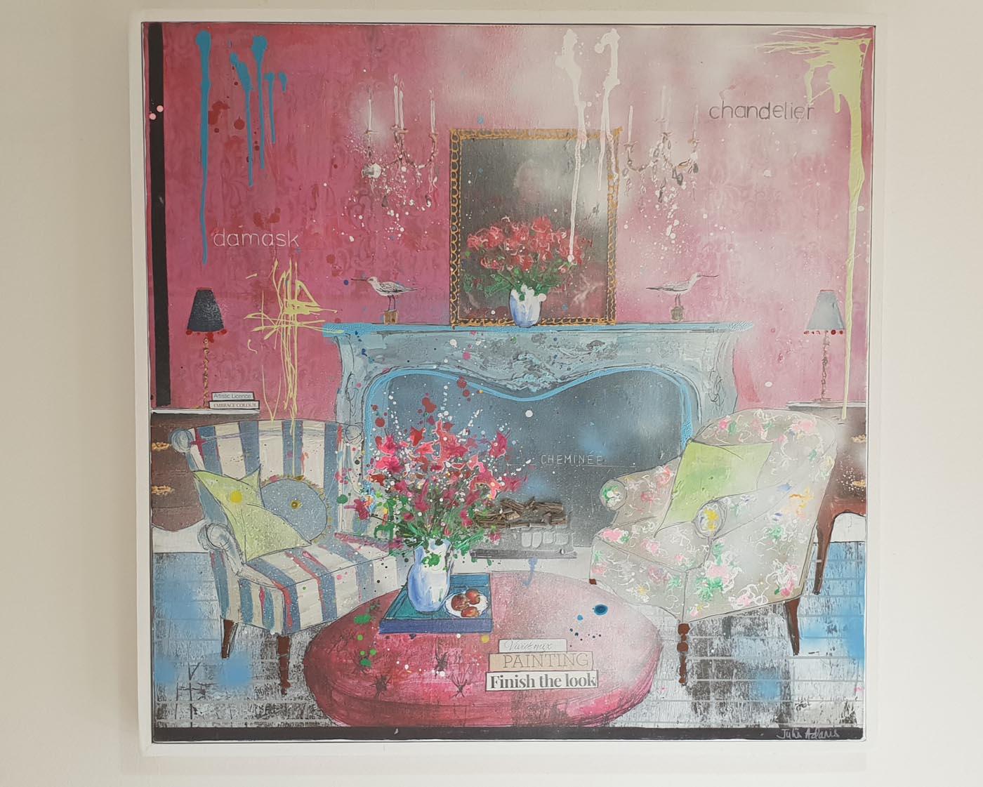 Vivid Mix, interior of a room , original painting , pink , blue , yellow colours – Painting von Julia Adams