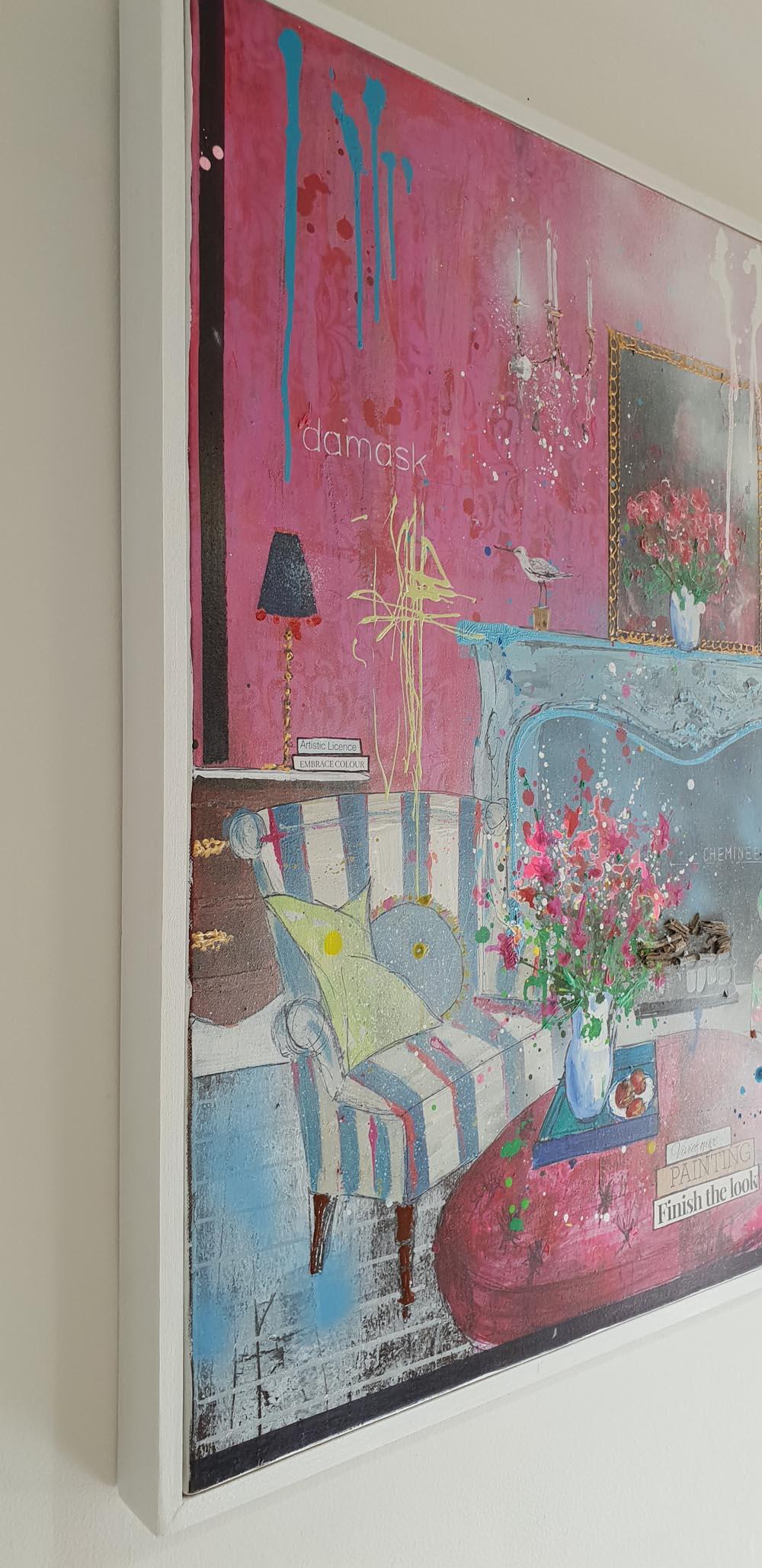 Vivid Mix, interior of a room , original painting , pink , blue , yellow colours - Contemporary Painting by Julia Adams