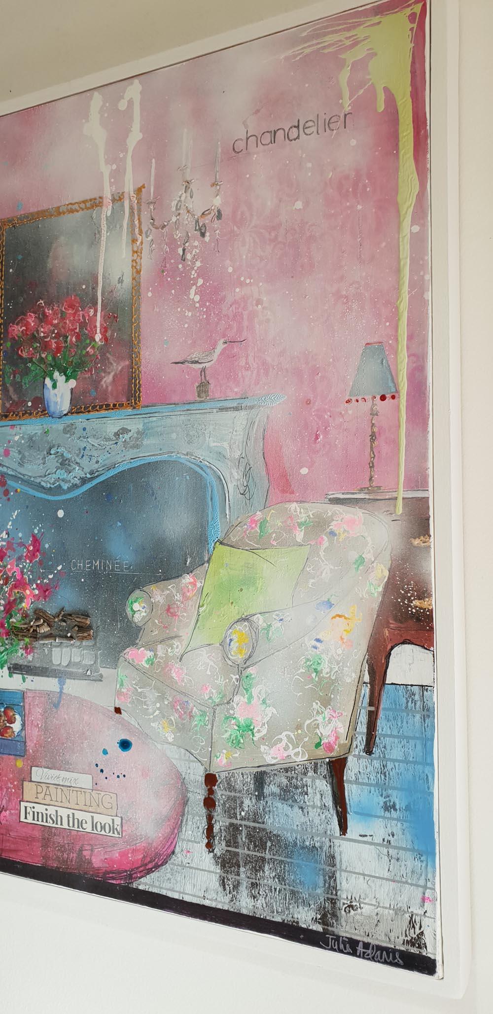 Vivid Mix, interior of a room , original painting , pink , blue , yellow colours - Gray Interior Painting by Julia Adams