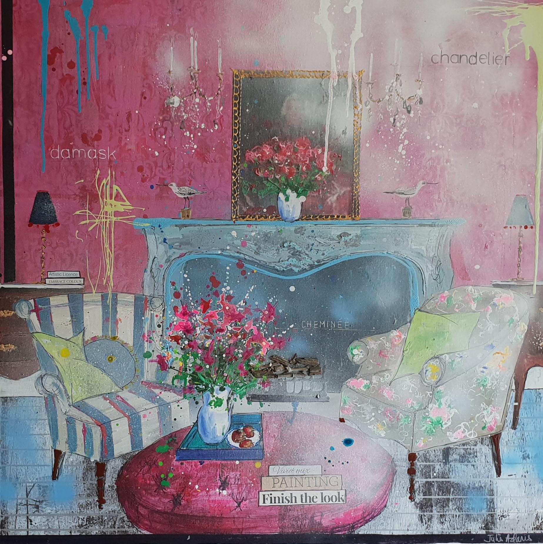 Julia Adams Interior Painting - Vivid Mix, interior of a room , original painting , pink , blue , yellow colours
