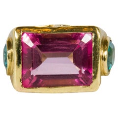 Julia Boss 1 of a Kind Emerald Cut Pink Topaz and Green Garnets 18K Ring