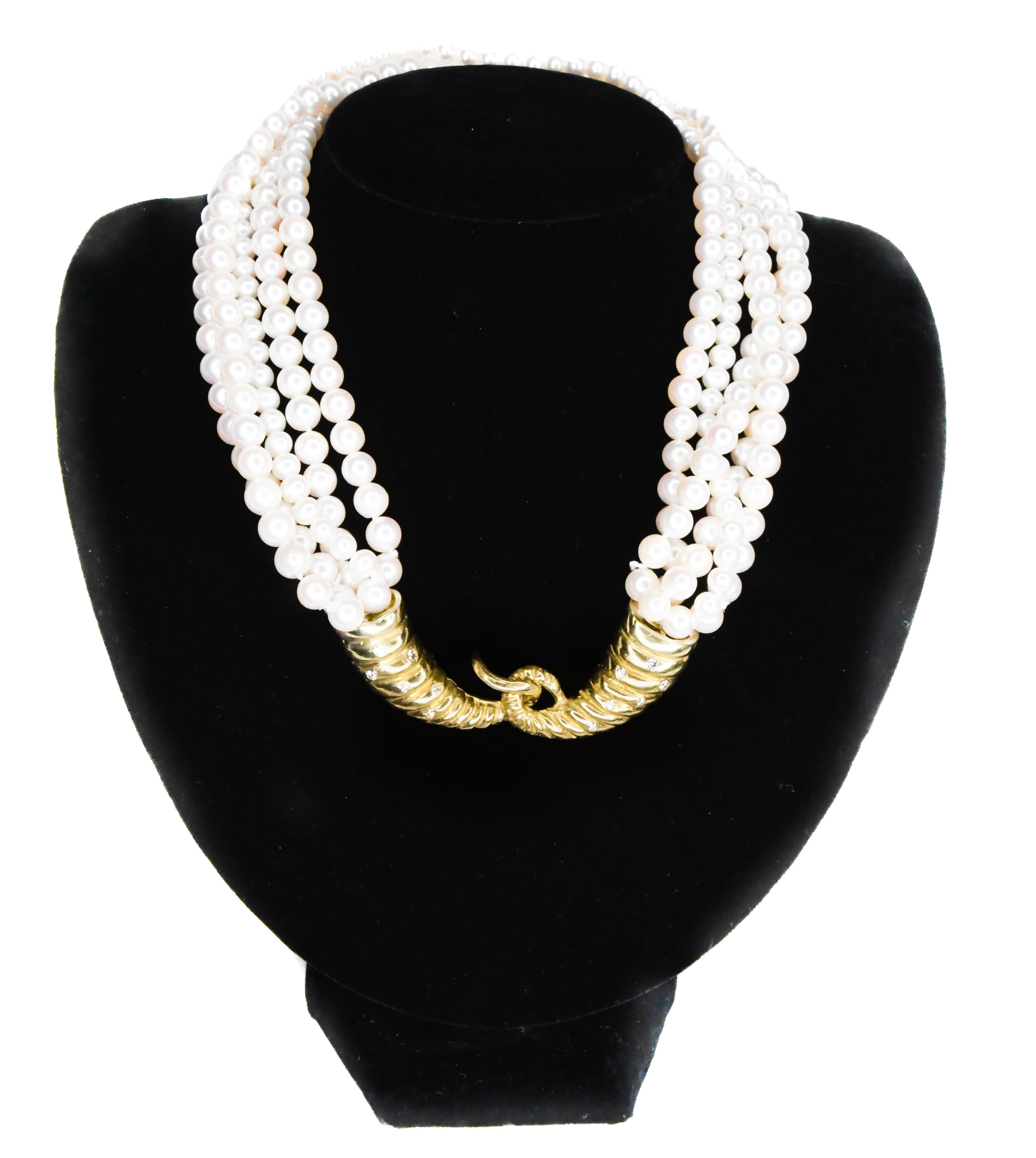 Round Cut Julia Boss Multistrand Pearl Necklace with 18KYG Cornucopia Clasp with Diamonds For Sale