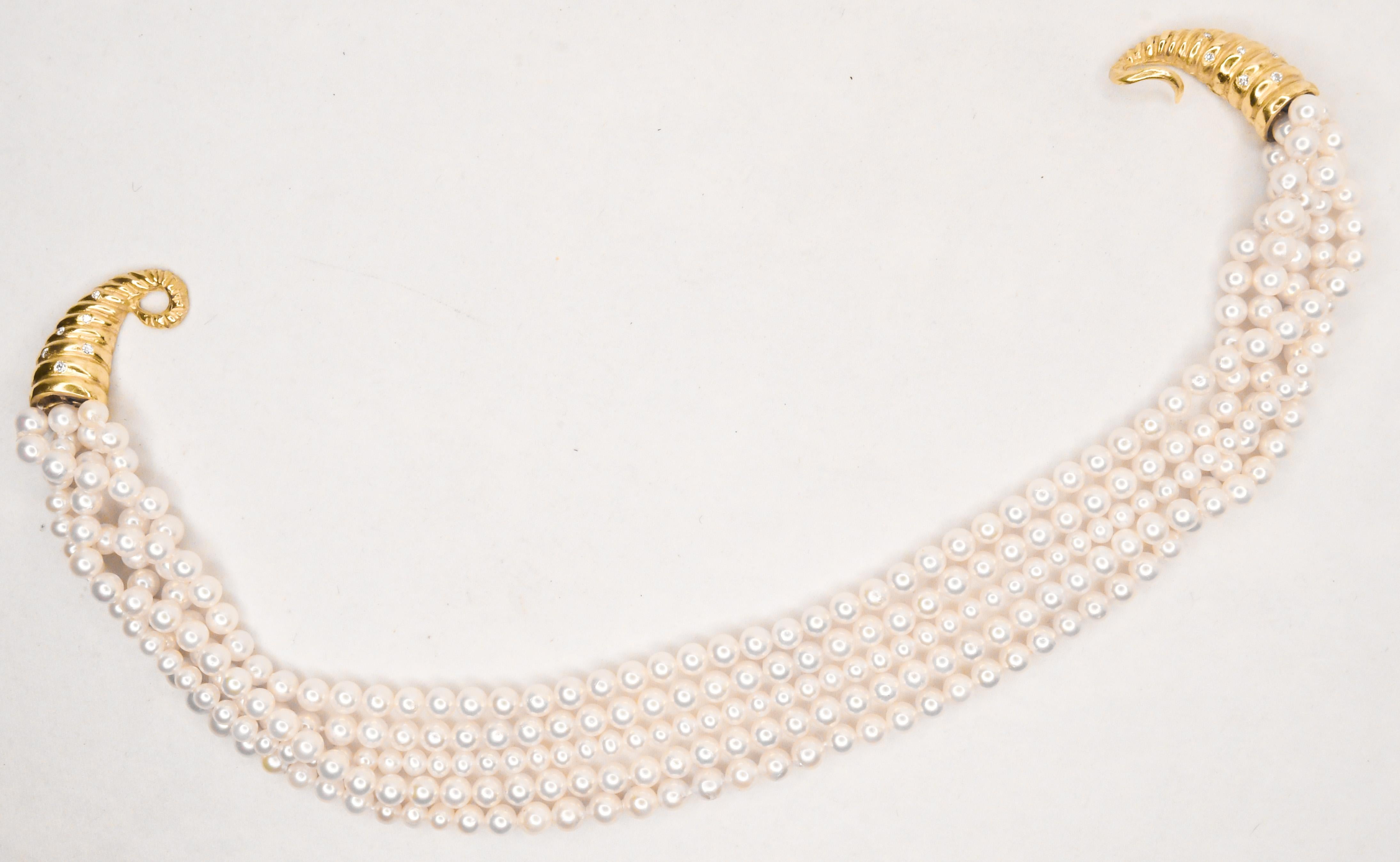 Julia Boss Multistrand Pearl Necklace with 18KYG Cornucopia Clasp with Diamonds For Sale 3