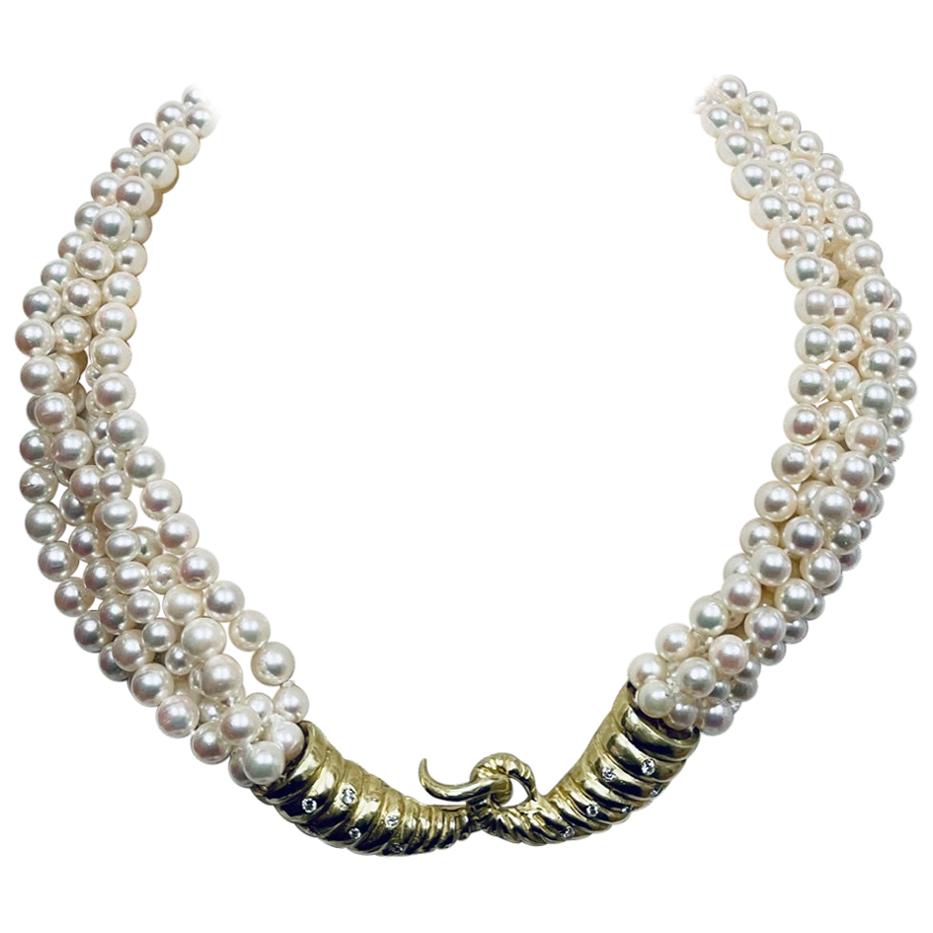 Julia Boss Multistrand Pearl Necklace with 18KYG Cornucopia Clasp with Diamonds For Sale