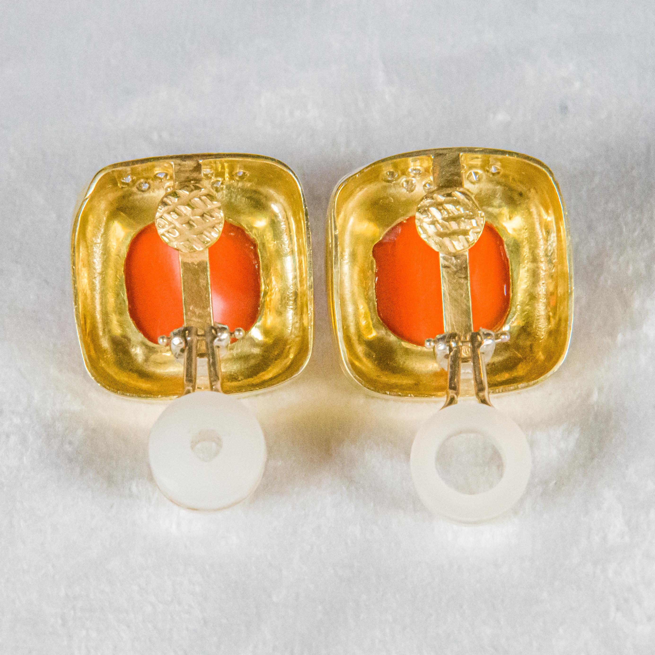 Artisan Julia Boss One of a Kind 18K Coral and Diamond Clip On Earrings For Sale