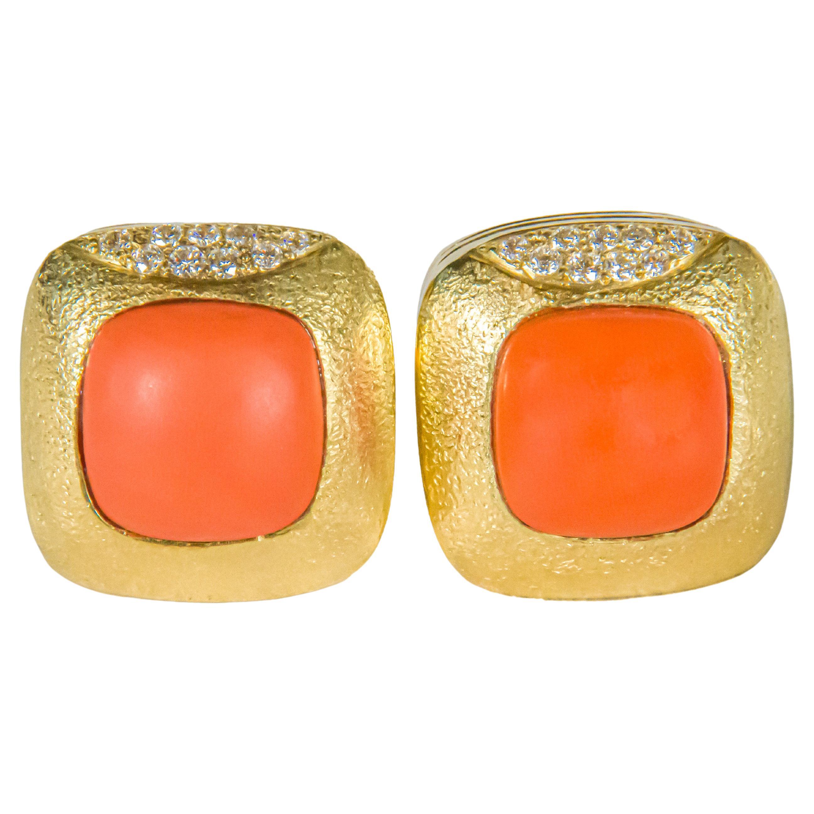 Julia Boss One of a Kind 18K Coral and Diamond Clip On Earrings For Sale