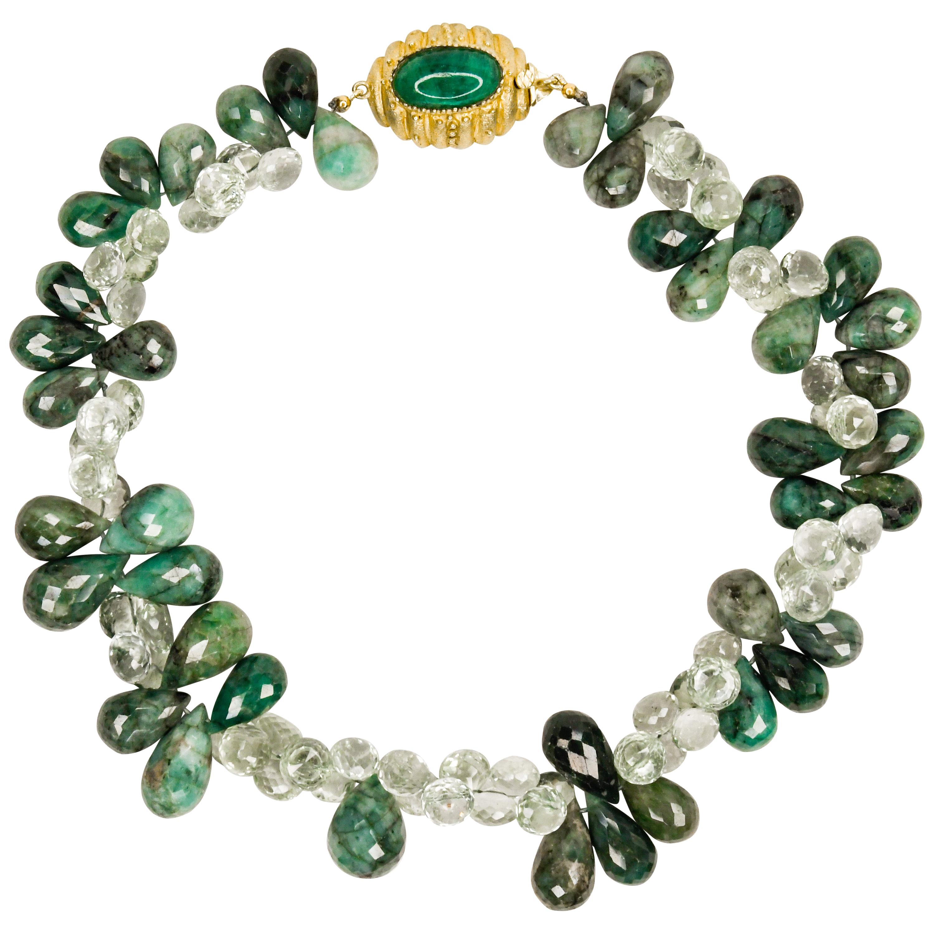 Julia Boss Raw Emerald Green Amethyst and Colombian Cabochon Emerald Necklace For Sale