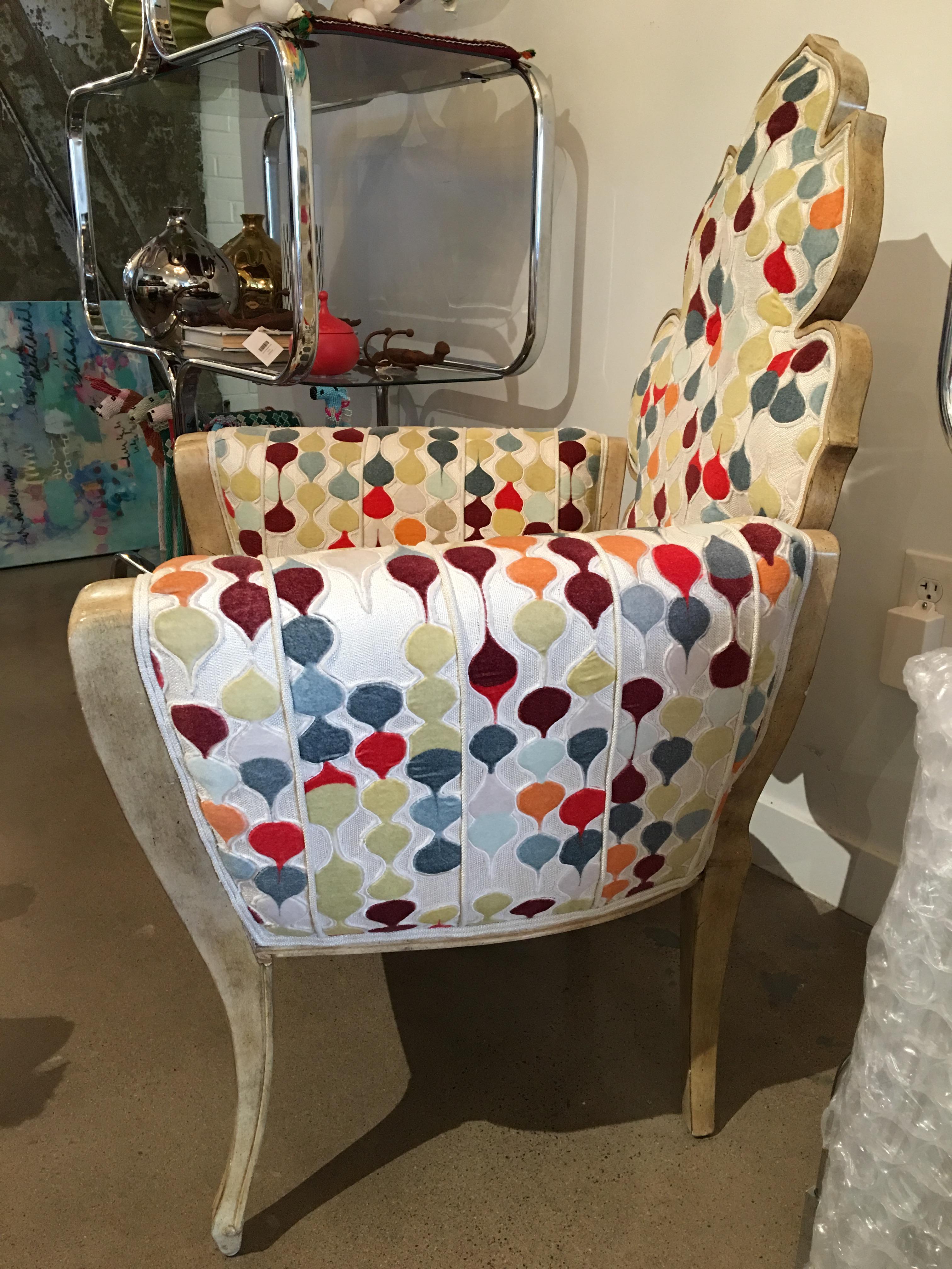 Julia's highly sought after and often photographed chair is upholstered in a cream linen with hand dyed cotton velvet raindrops. This is a chair fit for a king or queen- and is incredibly comfortable!