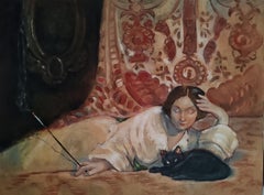 "Black Cat", horizontal format, interior painting, oil on canvas
