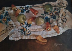 Still life with a grandmother's napkin, horizontal format, oil painting