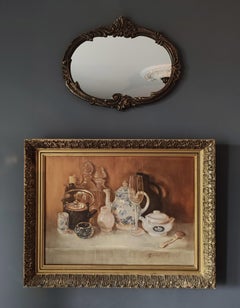 Still life with various dishes . Horizontal format, warm tone, oil painting