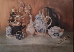 Still life with various dishes . Horizontal format, warm tone, oil painting
