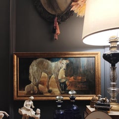 White Greyhound. Landscape format, 30x60 cm, warm tones, oil painting.