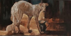 White Greyhound. Landscape format, 30x60 cm, warm tones, oil painting.