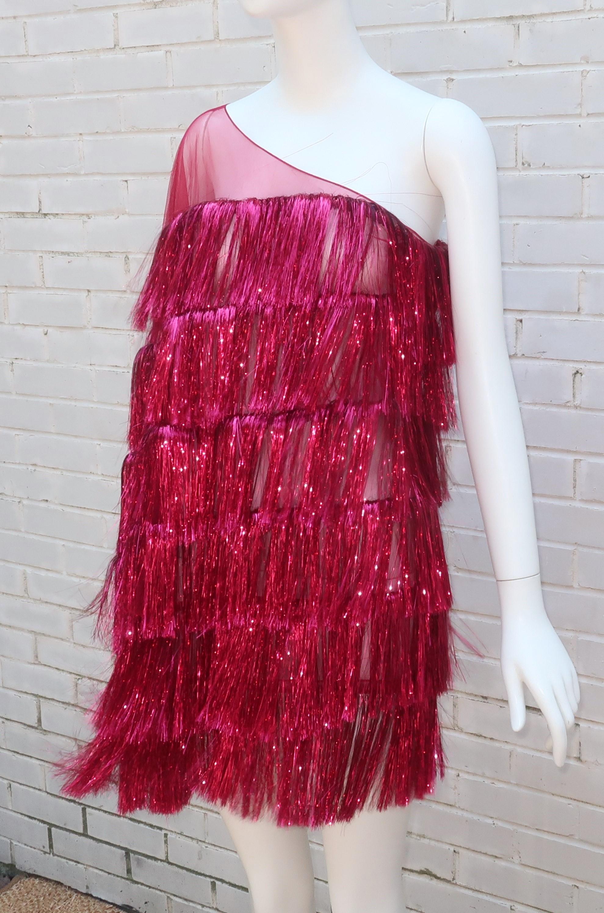Julia Clancey Ruby Red Tinsel Fringe Mini Dress In Good Condition In Atlanta, GA