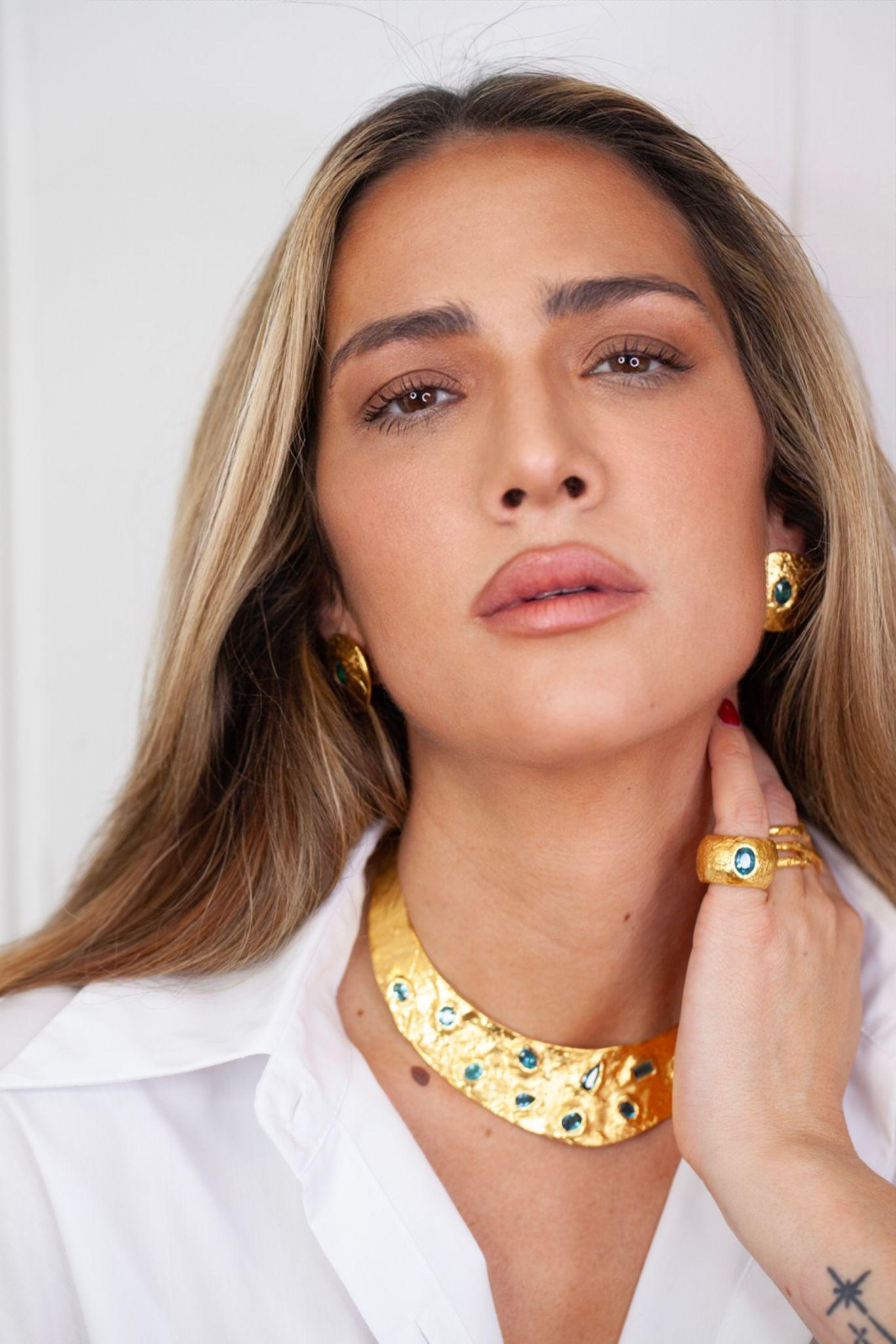 Oval Cut Julia Collection Earrings - Gold-Plated Bronze with Tourmalines For Sale