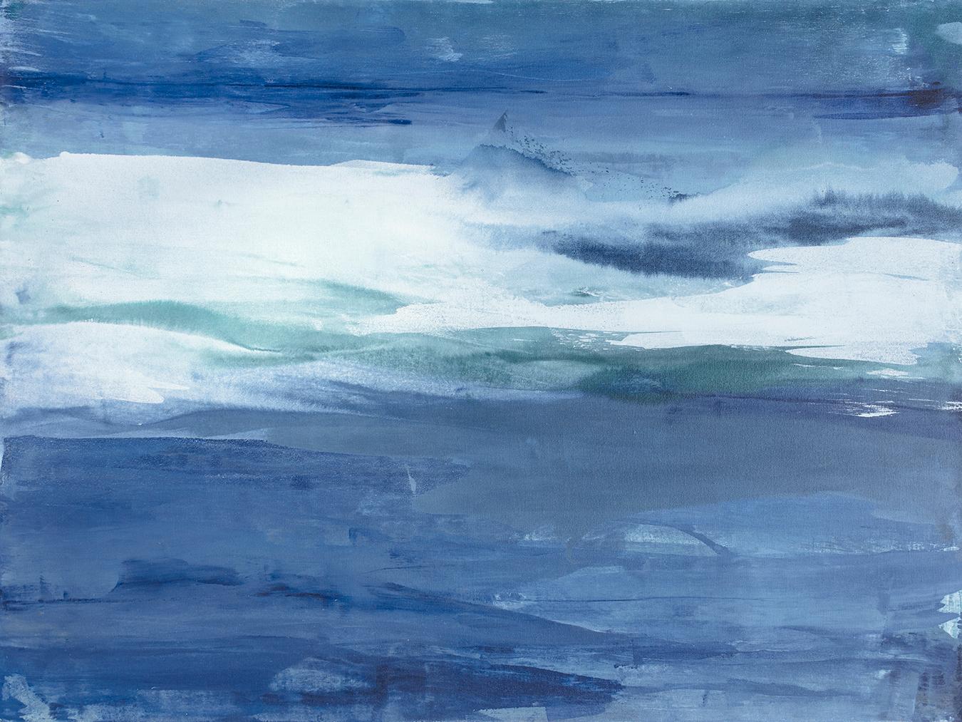 This abstract coastal painting by Julia Contacessi is made with acrylic paint on canvas. The composition, while highly abstract, is balanced - with broad, layered strokes of deep blues and thick white and a pop of muted green creating a large